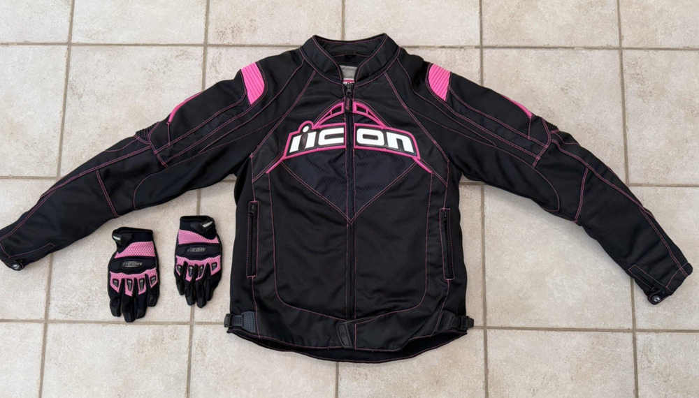 Icon Motorcycle Jacket Black & Pink - Women's Sz. L - w/ Armor Pads + gloves LN